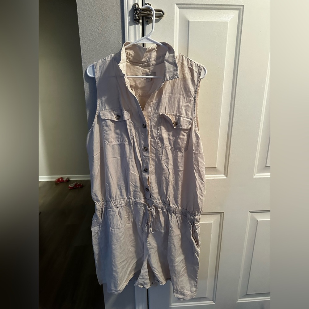 LOFT Sleeveless Button-Front Utility Romper in Light Beige